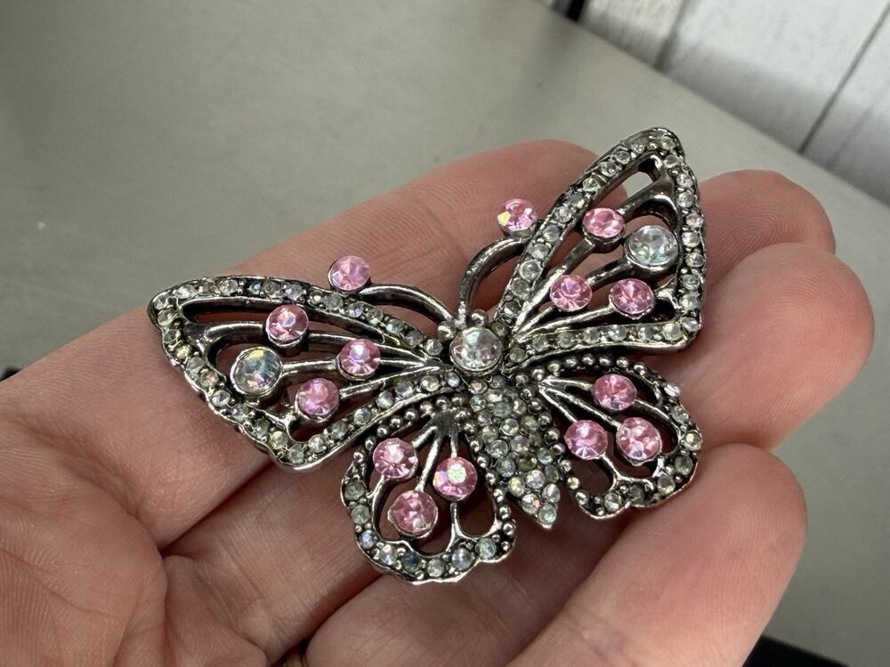 Vintage Butterfly Pin Large Pink White Crystal Silvertone Brooch Glam Sparkle